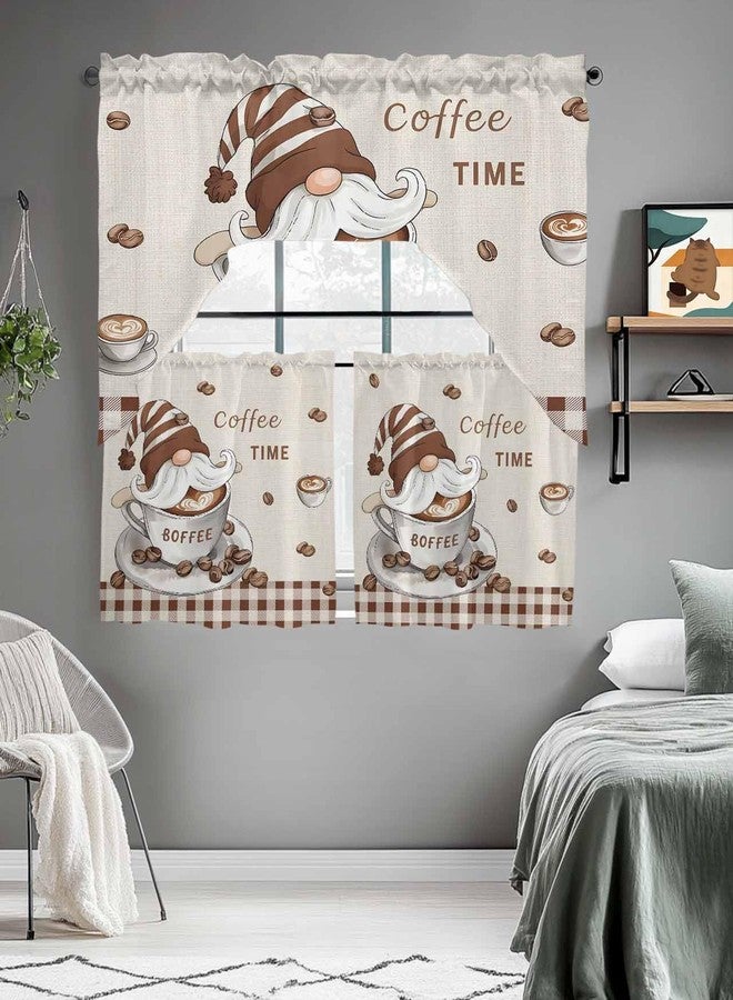 Jolunifun Gnomes Coffee Swag Kitchen Curtain Sets with Valance,3 Pieces Rod Pocket Curtain Drapes for Bedroom Bathroom Cafe Windows,Retro Country Rustic Brown Buffalo Plaid 56''x36''&36''x27.5''x2Panels - Image 4